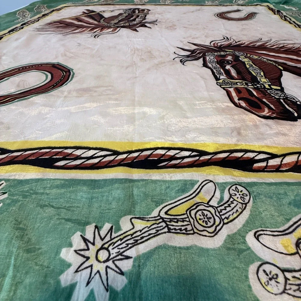 Vintage Scarf Equestrian Horse Horseshoe Green Cream Square Western Cowboy